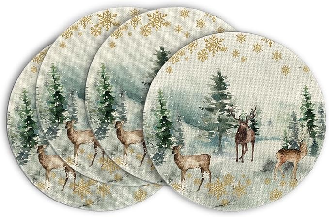 Artoid Mode Watercolor Deer Trees Snowflakes Christmas Round Placemats Set of 4, 14 Inch Winter Round Table Mats for Dining Decoration