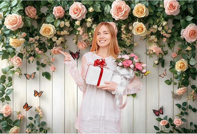 Baocicco 15x10ft Wooden Flower Backdrops for Photography Spring Botanical Green Leaf Butterfly Farmhouse Background for Engagement Bridal Shower Baby Shower Birthday Wedding Party Decoration Supplies