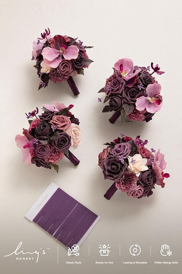 Ling's moment Purple Bridesmaid Bouquet Set of 4, Deep Plum Wedding Bouquets for Bridesmaids, 7 Inch Bridal Bouquets for Bridesmaids, Wedding, Ceremony, Anniversary, etc.