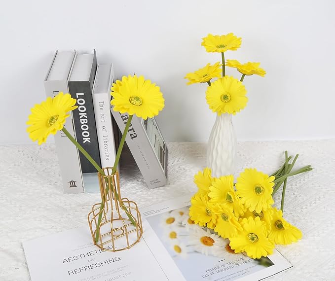 IPOPU Daisy Flowers Artificial,20PCS Yellow Gerbera Daisy Artificial Flowers Fake Daisies for Wedding Party Office Home Decorations(Yellow)