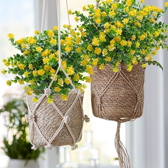 10 Bundles Artificial Fake Flowers, Faux Outdoor Plastic Plants UV Resistant Shrubs Outside Indoor Decorations (Yellow-Eucalyptus)