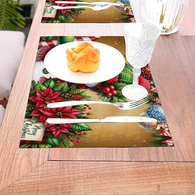 PVC Placemats Set of 6 Wipeable Table Mats Washable Heat Resistant Non Slip Vinyl Dining Table Mat for Kitchen Indoor Outdoor Patio Farmhouse Place Mats Christmas Ball Poinsettia Snowman Decorative