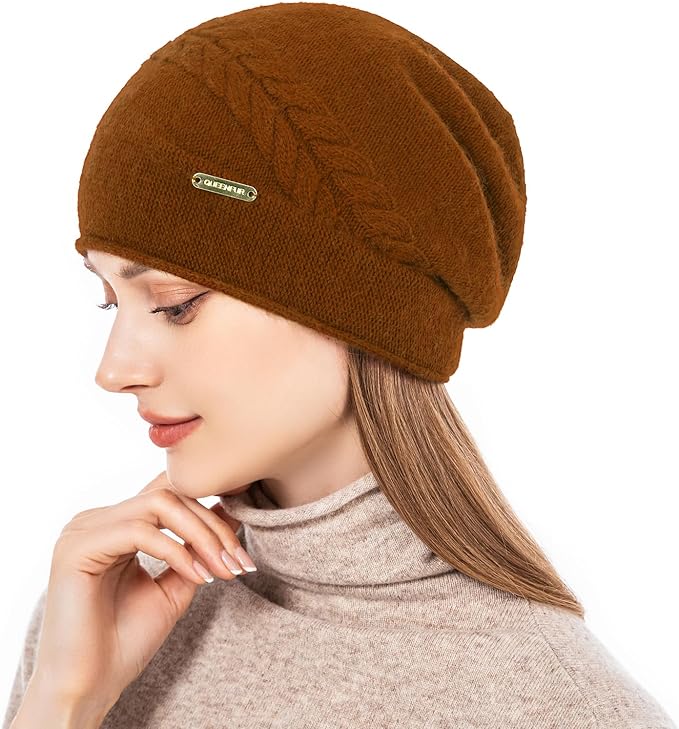 QUEENFUR Knit Slouchy Beanie Hats for Women Cashmere Ski Cap Knitted Wool Soft Warm Winter Hat