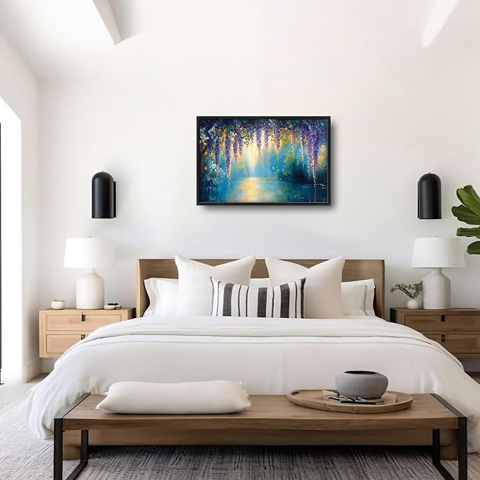 Wisteria Floral Large Wall Art Country Flower Pictures Wall Decor Lake Canvas Landscape Print Painting Modern Artwork Home Decoration for Living Room Bathroom Bedroom Office Framed 36"x24"