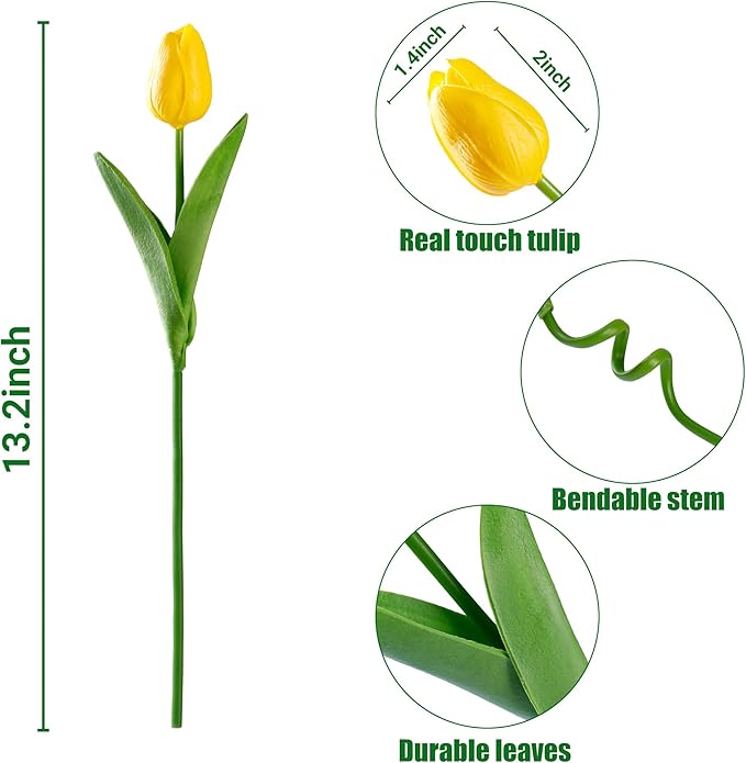 Sggvecsy 15 Pcs Fake Tulips Artificial Flowers Real Touch PU Faux Flowers Tulip Stems for Wedding Spring Bouquet Floral Arrangement Home Party Office Decorations for Mother's Day (Dark Yellow)