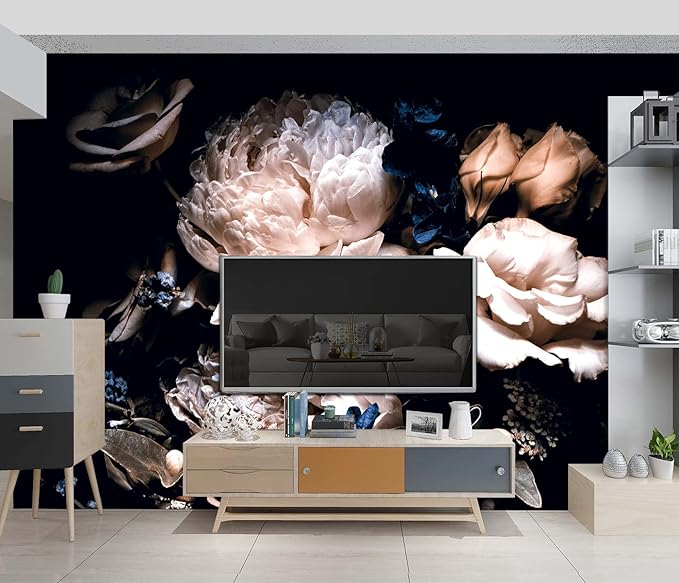 Black Peony Floral Wallpaper Bedroom Pink Botanical Flowers Leaf murals Living Room tv Background Large Wall Mural Aesthetic Room Decor - 160"x108" Not Peel and Stick
