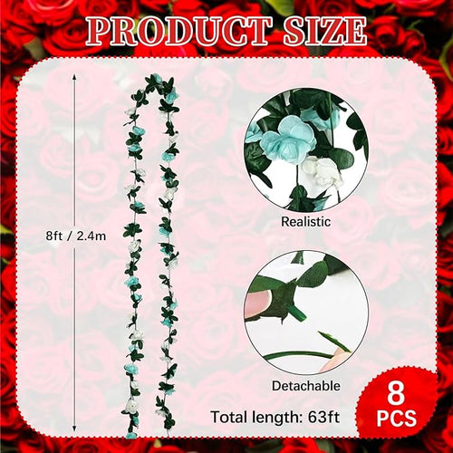 16Pcs 126Ft Teal&White Rose Garland, Fake Rose Hanging Flowers, Artificial Flower Vine, Hanging Floral Vine Garland for Wedding, Birthday Party, Wall Arch, Halloween, Christmas Garden Backdrop Decor