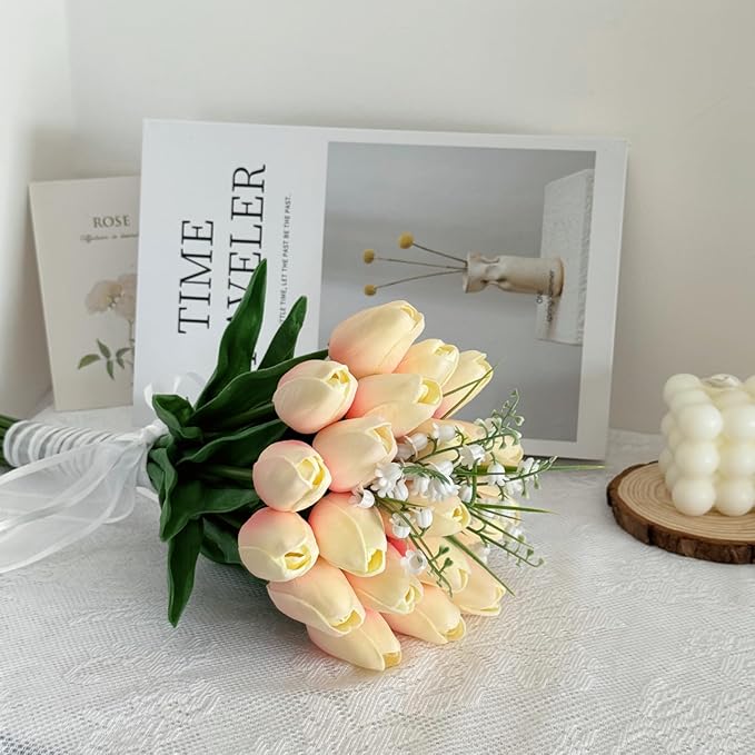 Artificial Floral Tulip Bouquet 20pcs Artificial Tulip Flowers,Bridesmaid Bouquet with Wedding Ceremony Festivals Anniversary Bridal Rehearsal Party Bar Table Decor (Light Pink)