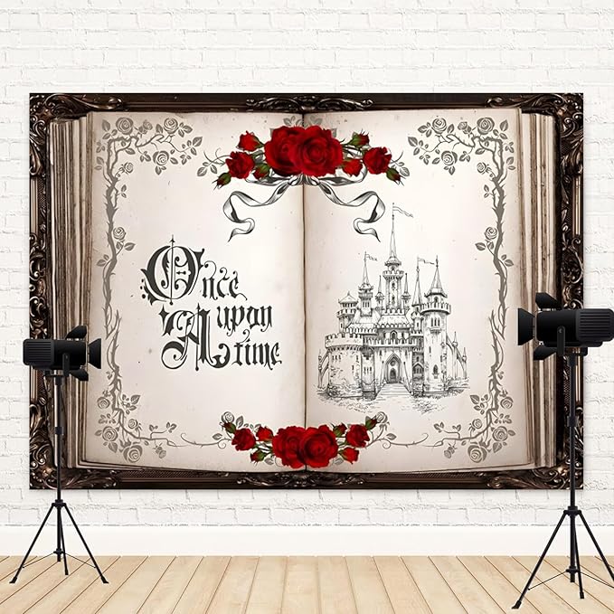 12x10ft Once Upon a Time Backdrop Princess Castle Wedding Party Photography Background Fairytale Book Romantic Story Red Roses Bridal Shower Decorations Birthday Portrait Photo Booth Prop