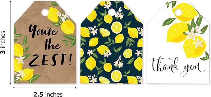 Pro Supply Global 24 Count of 2.5 Inch x 3 Inch Pre Strung Lemons Gift Tag Assorted Printed Designs on Large Cardstock Gift Hang Tags - Ideal to Use on Bags