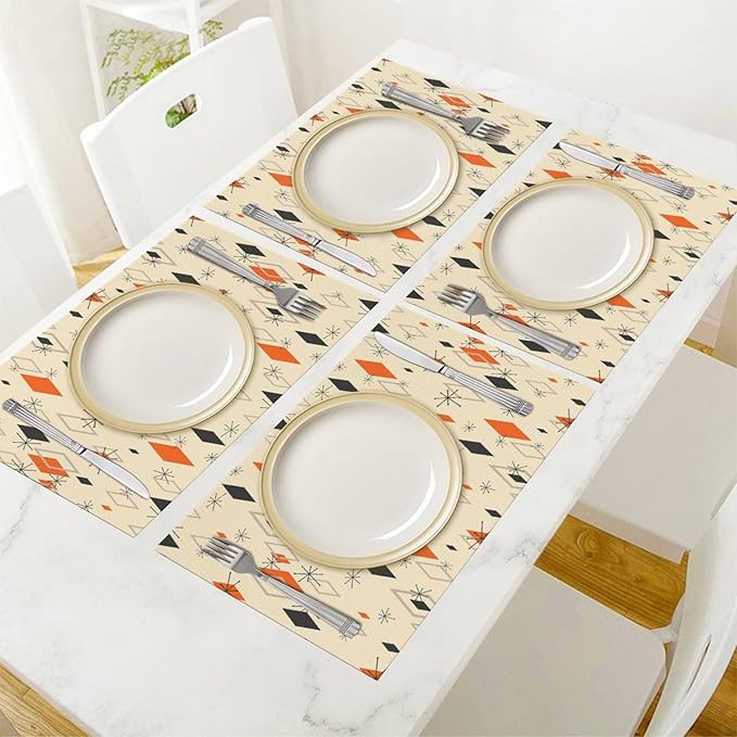 Mid Century Modern Placemats Set of 6,Kitchen Table Mats for Dining Outdoor Home Decor 12x18 Retro Place Mats 6 PCS, Style-16