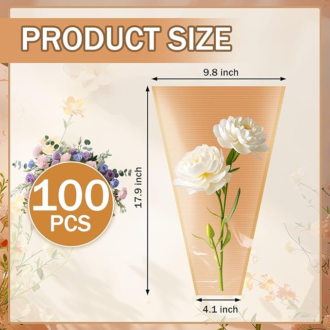 XABMU Flower Bouquet Bags - 100 Pack Kraft & Clear Floral Wrapping Sleeves for Wedding, Graduation, Mother’s Day Gifting & Florist Supplies