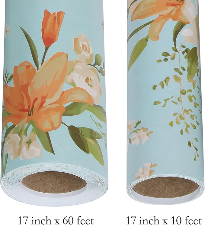 Aimyoo Blue Yellow Floral Wrapping Paper Roll 17 in x 10 ft, Daylily Flower Gift Wrap for Wedding Birthday Bridal Shower