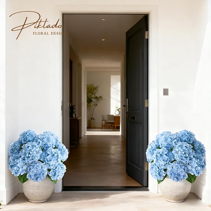 A Bunch 21in， Real Touch Hydrangea Artificial Flowers， with 10pcs Flower Head 20pcs Leaves， Faux Hydrangea Flowers for Home Office Decor Wedding Party Arrangements (2, Blue)