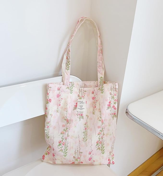 Cotton Canvas Tote Bag Reusable Soft Grocery Cloth Bag Floral Shoulder Bag for Beach Travel Shopping