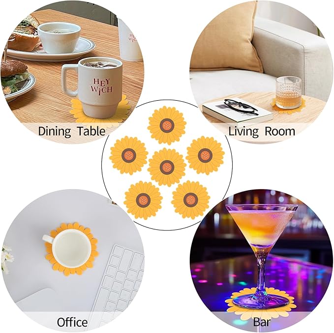 Flower Coasters Set of 6,Anti-Slip Heat-Insulating&Tabletop Protection,Home&Kitchen Coasters for Drinks,Easy to Clean,Beautiful Gift(Yellow Sunflower,3.9inches)