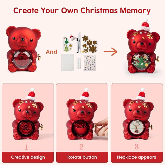 Christmas Teddy Bear with Preserved Rose, DIY Bear Roses Gift Set with Hidden Jewelry Box, Santa Hat & Stickers, for Women, Girlfriend, Wife, Forever Eternal Rose Flower Decor