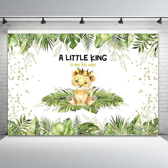 9x6ft Baby Shower Backdrop A Little King is On His Way Photography Background Lion Crown Jungle Forest Green Leaf Kid Birthday Party Banner Decorations Newborn Portrait Photo Booth Prop