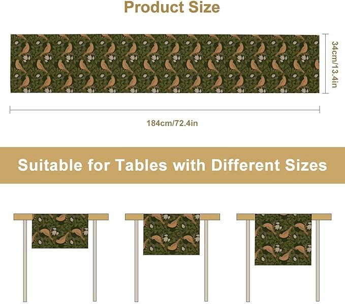 William Morris Table Runner, Vintage Green Botanical Plant Birds Retro Table Runner for Kitchen Dining Cafe Party Holiday Decoration, 13x60 Inch