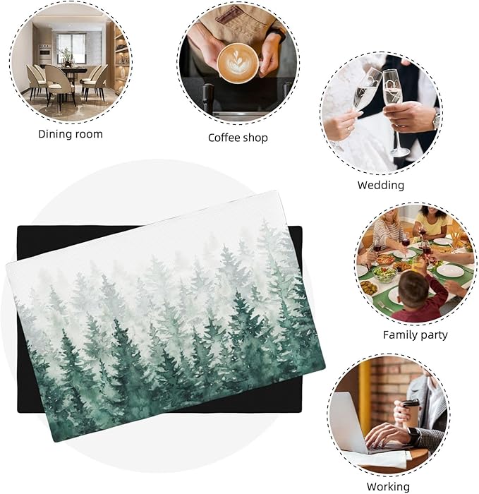 Forest Placemats, Vintage Rustic Watercolour Natural Green Misty Valley Forest Print Washable Fabric Placemats Table Kitchen Dining Party 12x18 Inch Set of 6