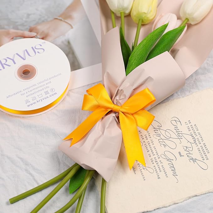 Yellow Gold Satin Ribbon, Double Faced 7/8 Inch X 25 Yards Yellow Gold Ribbon, Premium Satin Ribbon for Gift Wrapping, Crafts, Hair Bow Making, Sewing, Flower Bouquet, Wedding Party Decor