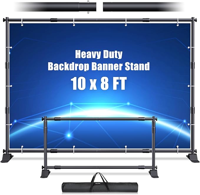 Backdrop Banner Stand 10x8ft，Adjustable Heavy Duty Photo Backdrop Stand，Step and Repeat Background Stands for Party，Photography，Wedding