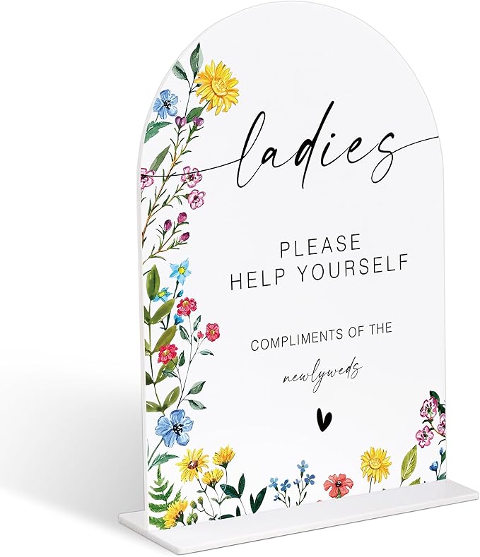 Acrylic Wedding Signs Ladies Please Help Yourself Sign, Wedding Bathroom Basket Supplies, 6x8" Floral Themed Arch Acrylic Table Decor, Love Is In Bloom Decorations for Bridal Shower Baby Shower