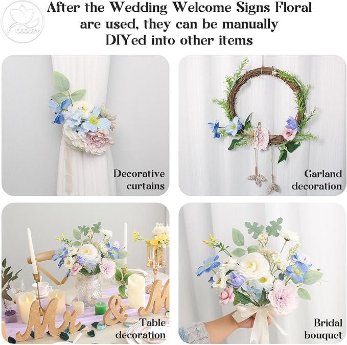 Wedding Arch Flowers Kit,Artificial Flower Arch Decor (Set of 3),2pcs Artificial Flower Arrangement with 1pc Sheer Drape for Wedding Decor Reception Backdrop Floral Decorations (Sky Blue)