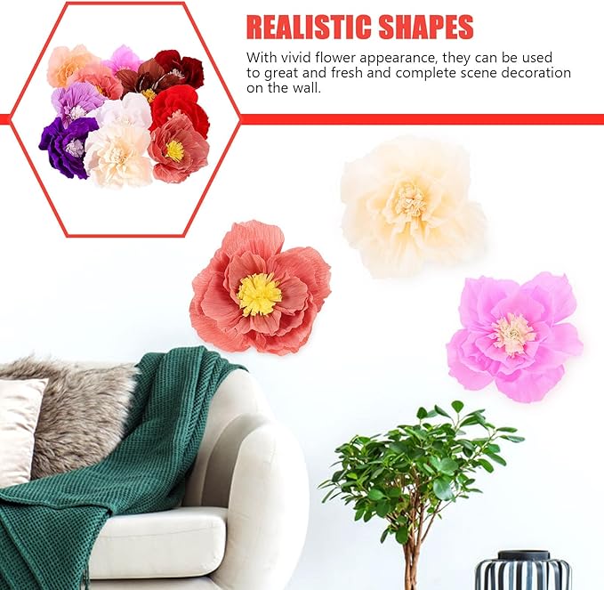 Garneck 11Pcs Multi-Color Paper Flower Decorations Crepe Handmade DIY Artificial Flowers for Party Home Wall Showcase Background Festive Decors