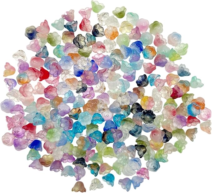 200PCS Bellflower Glass Beads, Gradient Clear Bead for Jewelry Making, Mixed Color Trumpet Flower Beads for Keychains Earrings Bracelets Necklaces Lanyard DIY Handicrafts