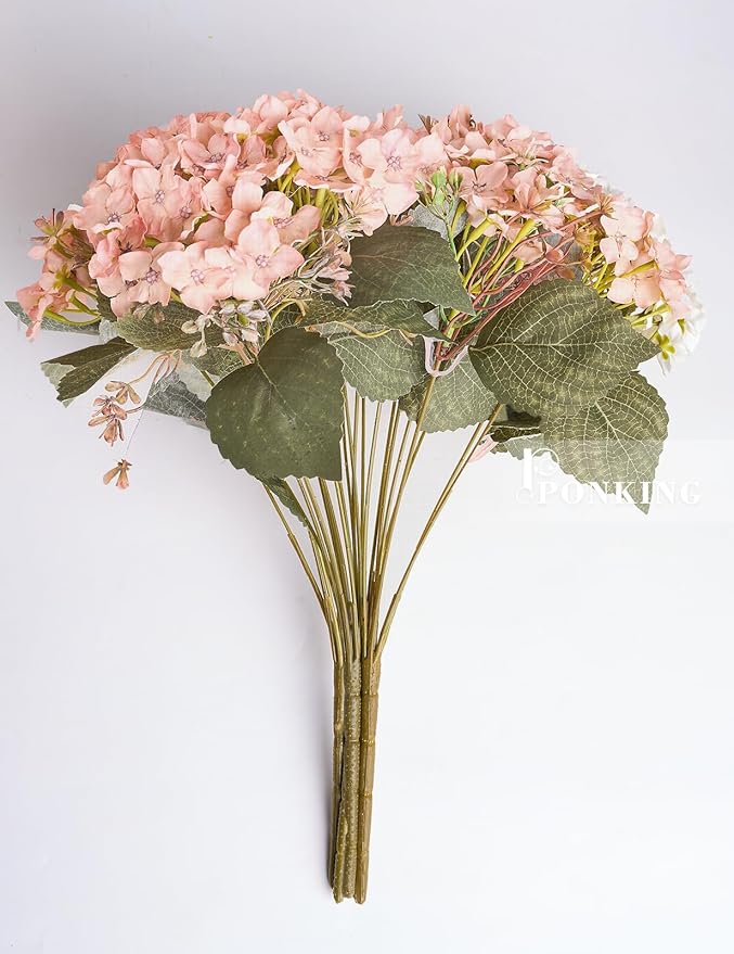 Hydrangea Artificial Flower 3pcs Realistic Faux Silk Hydrangeas Fake Flowers Bouquets Arrangements Decor for Wedding Spring Mother's Day, Home Table Decorations, Pink Champagne Flower