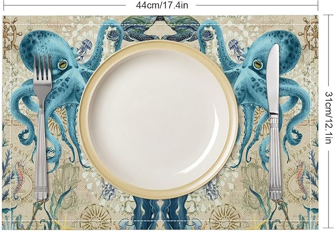 Nautical Placemats Beach Ocean Starfish Seashell Octopus Art Printed Dining Table Mats Set of 4 for Restaurant Home Kitchen Holiday Picnic Party Decor 12x18in