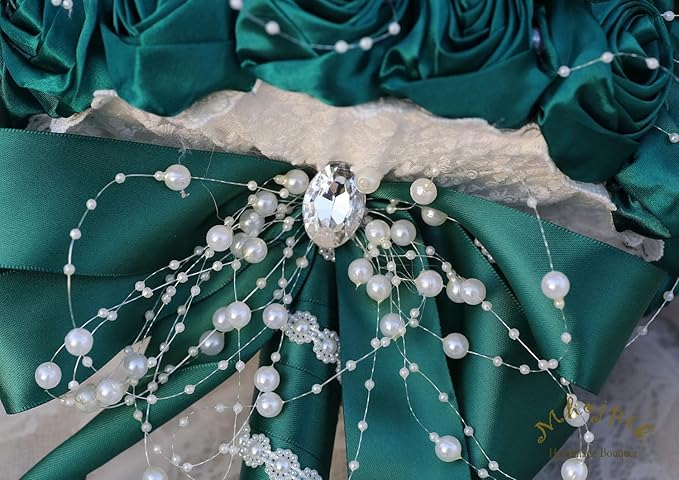 Bridal Wedding Bouquet Round Bling Brooch Bouquet Throw Toss Artificial Rose Flower Bunch for Bride Bridesmaid Wedding Quinceanera(Dark Green, 9.8")