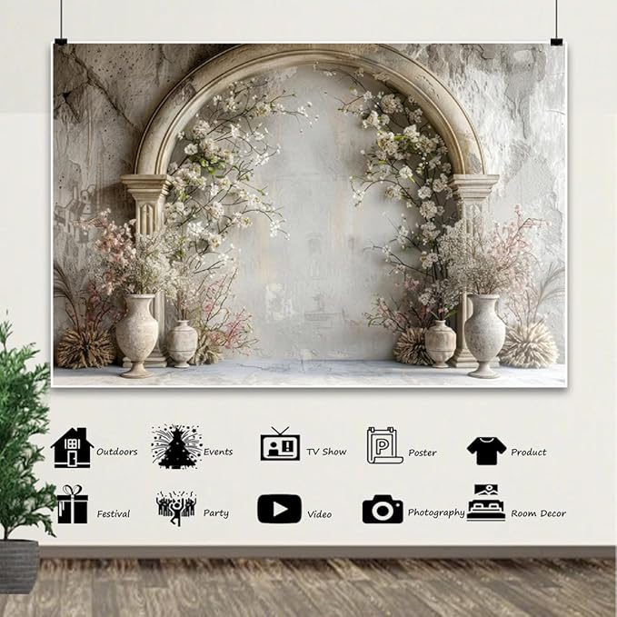 7x5ft Vintage Wedding Floral Backdrop Countryside White Wildflower Old Building Wall Photography Background for Valentines Day Bridal Shower Birthday Princess Couples Women Portraits