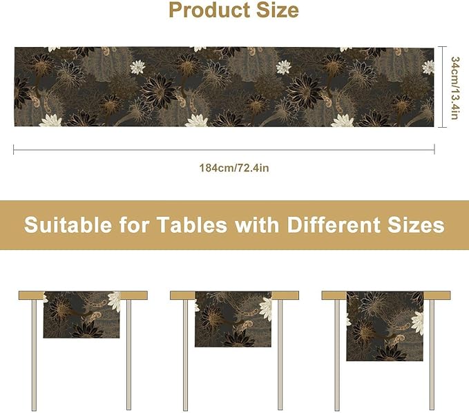 Vintage Floral Table Runner,Black Gold Floral Art Print Table Runner for Home Kitchen Table Dining Indoor Outdoor Party Decor 13x120 Inch