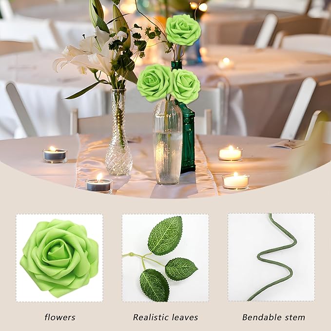 Artificial Flowers Roses Real Looking Foam Fake Roses with Leaves and for DIY Wedding Bouquets Bridal Shower Centerpieces Party Decorations (Green, 200)