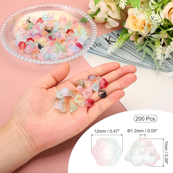 PATIKIL Glass Trumpet Flower Beads, 200 Pcs Gradient Flower Bead Charm for Jewelry Making DIY Craft, Bracelets, Earrings, Necklaces Decorations, Pink, Green