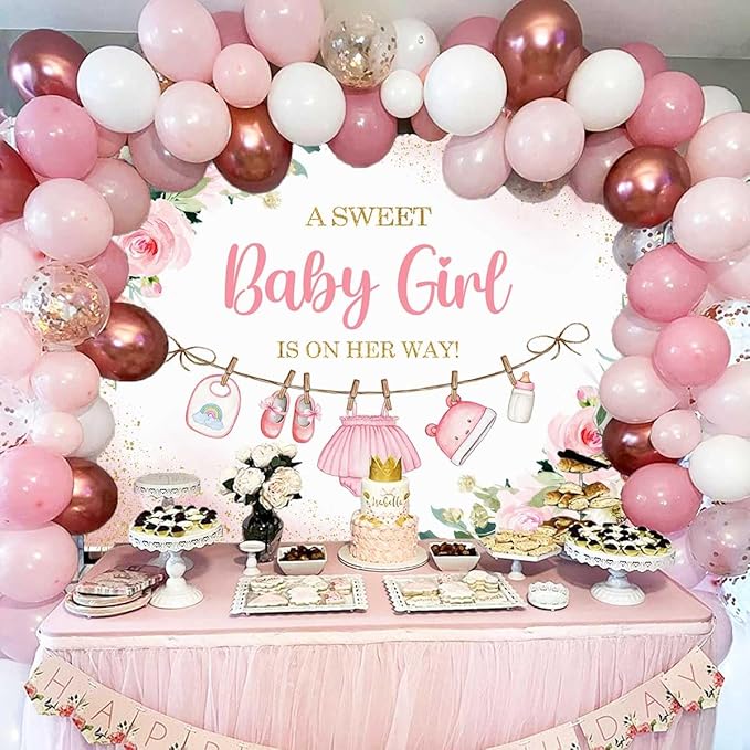 Sensfun Cute Clothes Baby Shower Backdrop A Sweet Baby Girl is On Her Way Banner Watercolor Pink Floral Sweet Little Girl Baby Shower Party Decorations Banner Supplies Photo Booth Props 7x5ft