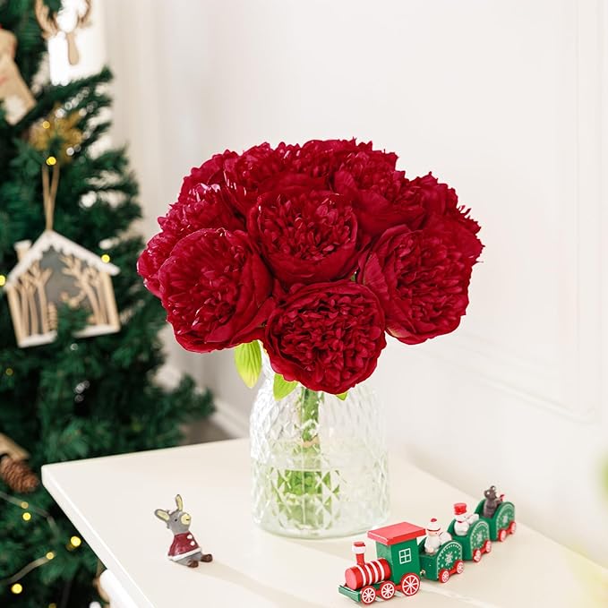U'Artlines 10 Heads Artificial Peony Silk Flower Leaf Home Office Wedding Party Festival Bar Decor (Red)