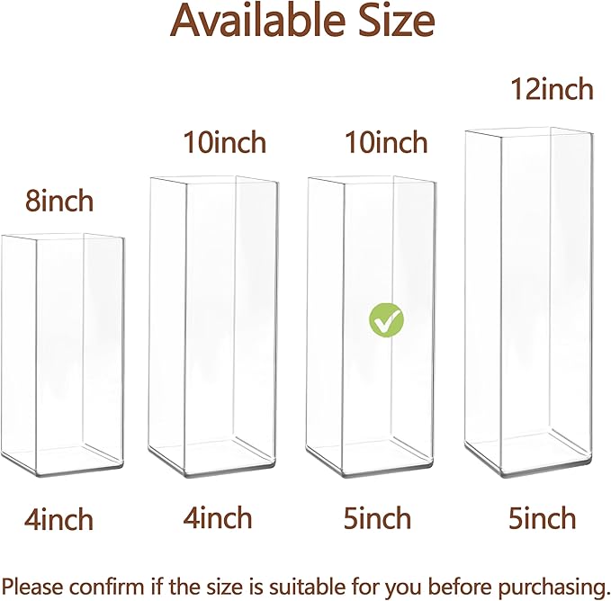 Acrylic Square Flower Vase, Non-breakable Vase, 5" x 5" x 10" Tall Clear Vases for Flower, Large Cube Floral Plant Container, Planter Terrarium for Wedding Party Event, Home Office Decor