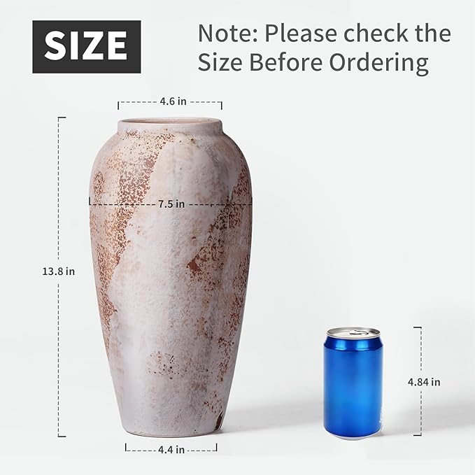 Large Rustic Vase for Flowers,13.8'' White Farmhouse Ceramic Vases for Home Decor, Minimalist Decorative Tall Vase for Living Room, Entryway, Shelf, Premium Pottery Clay Table Centerpiece Decor