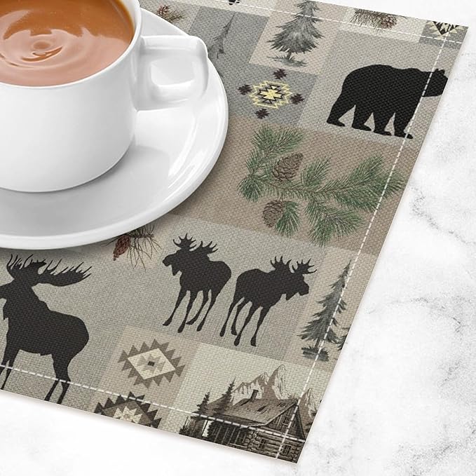 Retro Rustic Lodge Bears Deer Placemats Set of 6, Vintage Cabin Pine Tree Farmhouse Country Style Place Mats, Heat Resistant Non Slip Cotton Linen Dining Table Mats for Home Kitchen 18x12 Inch