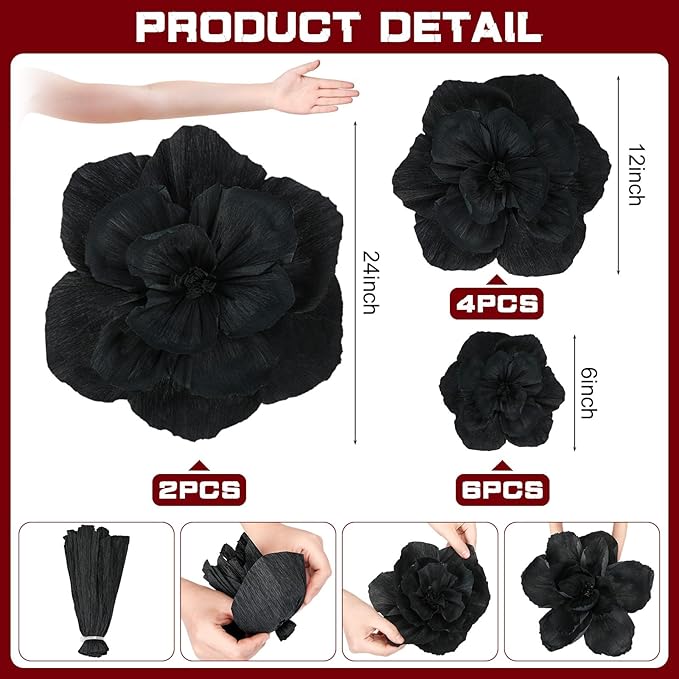 Giant Paper Flowers Artificial Large Paper Flower Decoration for Handcrafted Wall Backdrop Christmas Mexican Wedding Graduation Bridal Shower Birthday Party Supplies(Black,12 Pcs)
