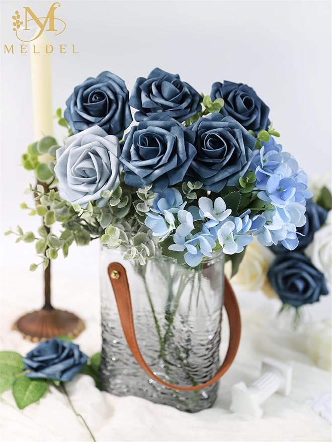 Meldel Artificial Flowers 25pcs Real Looking Dutch Blue Dusty Blue Foam Fake Roses with Stems for DIY Wedding Bouquets Bridal Shower Centerpieces Floral Arrangements Home Decorations