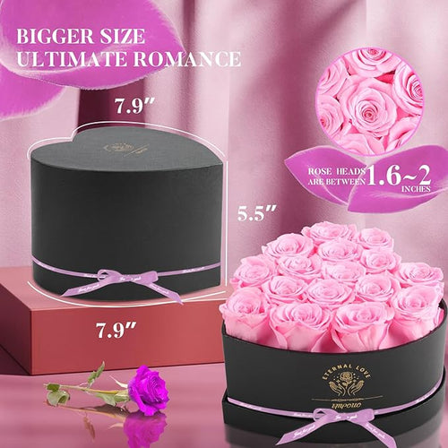 16-Piece Forever Flowers Heart Shape Box - Preserved Roses, Birthday Gifts For Women- Flower Delivery Prime, Valentines, Anniversary, Wedding Gifts- Pink Roses