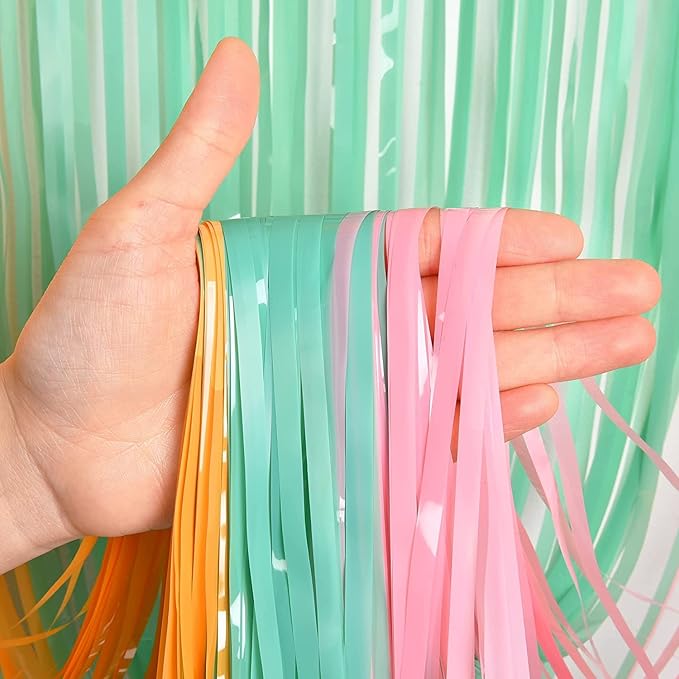 BRAVESHINE Tinsel Foil Fringe Curtains - 2Pcs 3.2x8.2ft Pastel Colourful Photo Backdrop for Christmas New Years Princess Birthdays Easter Bunny Bridal Shower Fairy Kids Candy Donuts Party Decorations