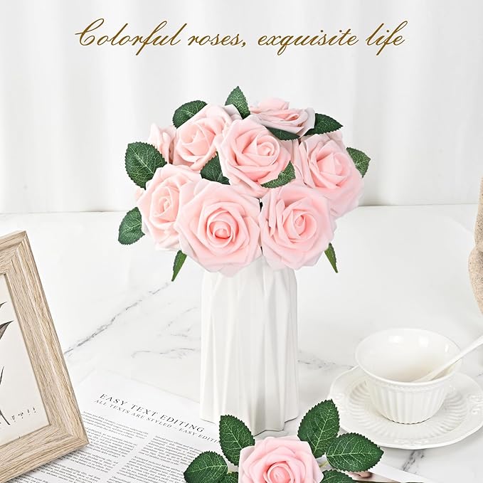 BLEUM CADE 16Pcs Artificial Flowers Fake Roses with Stems, Pink Boxed Foam Roses for DIY Bouquets Centerpieces Wedding Party Arrangement Bridal Shower Decor