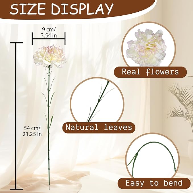 Carnations Artificial Flowers Bulk 15PCS Carnations Flowers Silk Flowers 21.25in Fake Flowers for Wedding Home Table Centerpieces Floral Arrangements(Purple Edge)