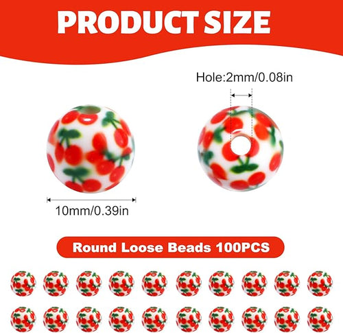 100 PCS 10mm Resin Beads Bulk for Bracelet Making Kit, Cherry Pattern Printed Round Loose Beads for Jewelry Earring Necklace Rings Art Craft DIY Projects