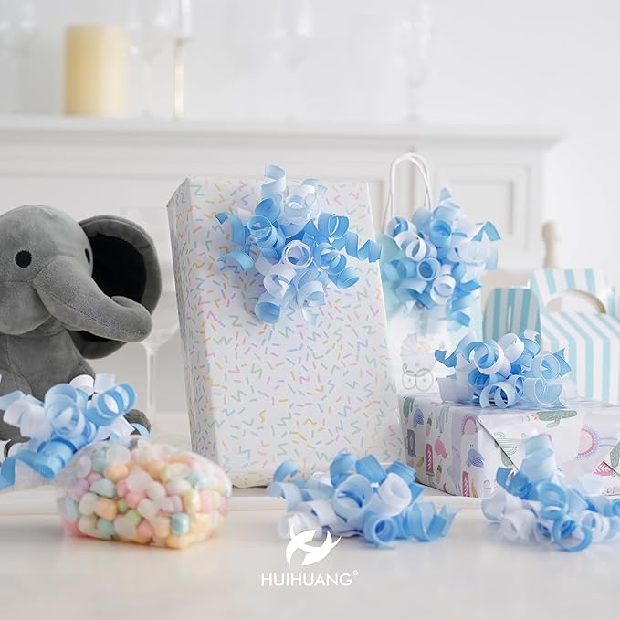 HUIHUANG Baby Boy Shower Gift Bows Blue and White Curly Ribbon Bows Self Adhesive Burst Gift Bow for Baby Birthday, Baby Shower Party Favors, Wine Bottle, Treat Bags, Gift Wrapping- 6 Counts
